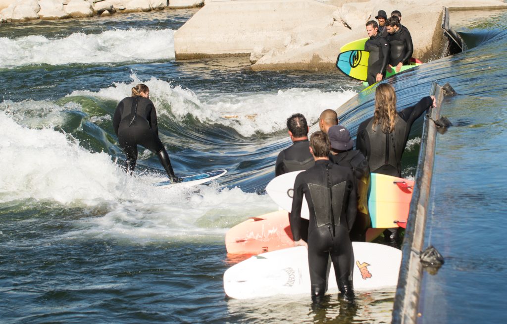 Surfers at the Boise, Idaho Whitewater Park Wave. Photos by Terry Welch.